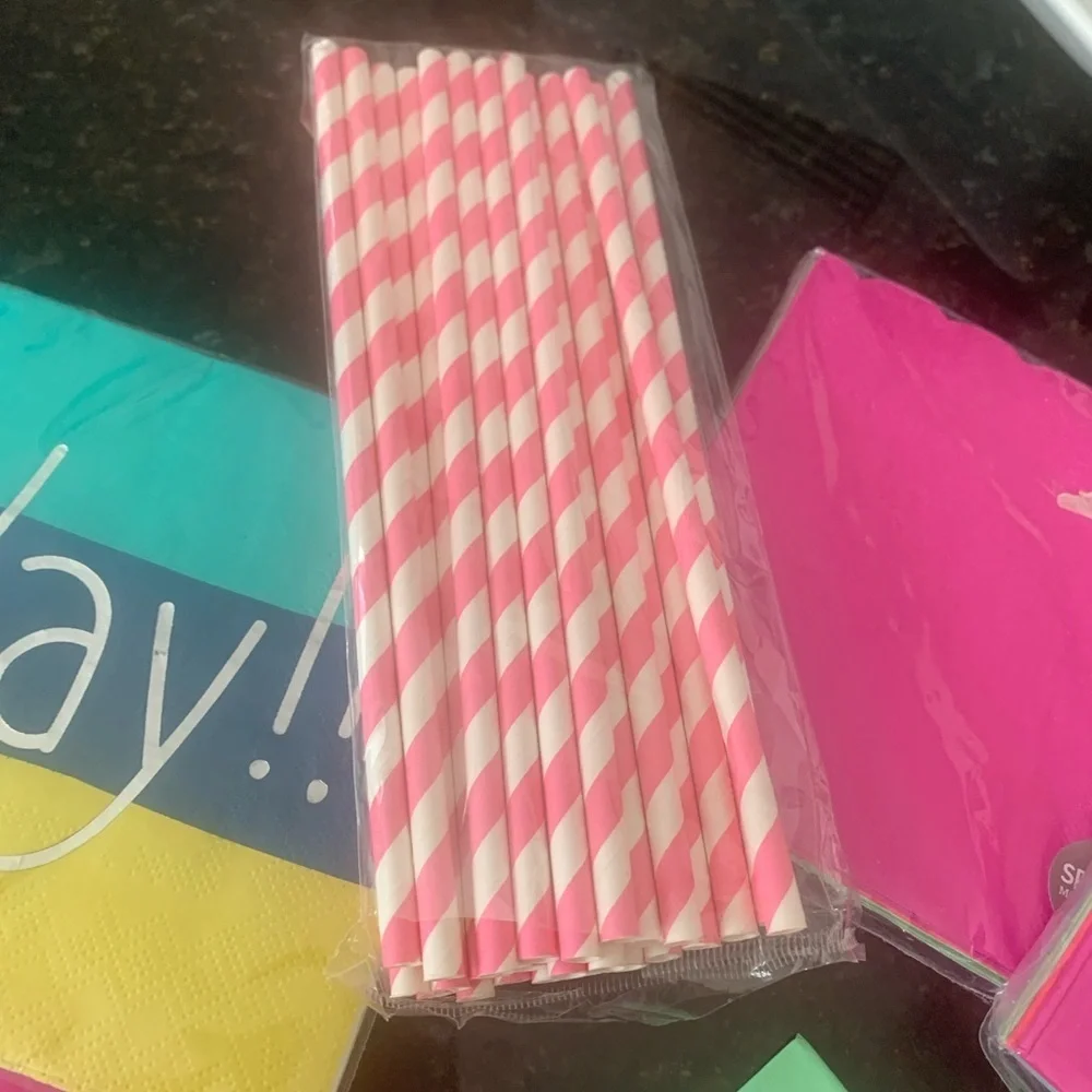 Party Drink Napkins & Striped Pink & Green Straws, cute bright colors, NWT,